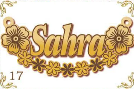 Design 17 — Sahra, a custom gold name plate cut by Royal Jewelry