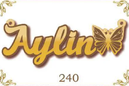 Design 240 — Aylin, a custom gold name plate cut by Royal Jewelry