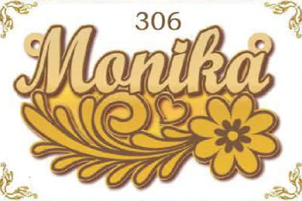 Design 306 — Monika, a custom gold name plate cut by Royal Jewelry