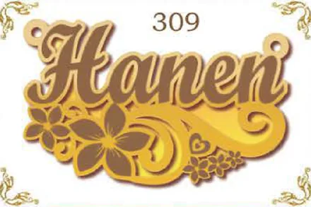 Design 309 — Hanen, a custom gold name plate cut by Royal Jewelry
