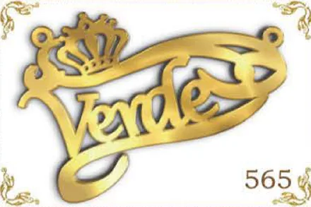 Design 565 — Verde, a custom gold name plate cut by Royal Jewelry