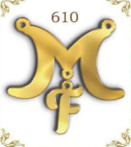 Design 610 — M, F, a custom gold pendant cut by Royal Jewelry